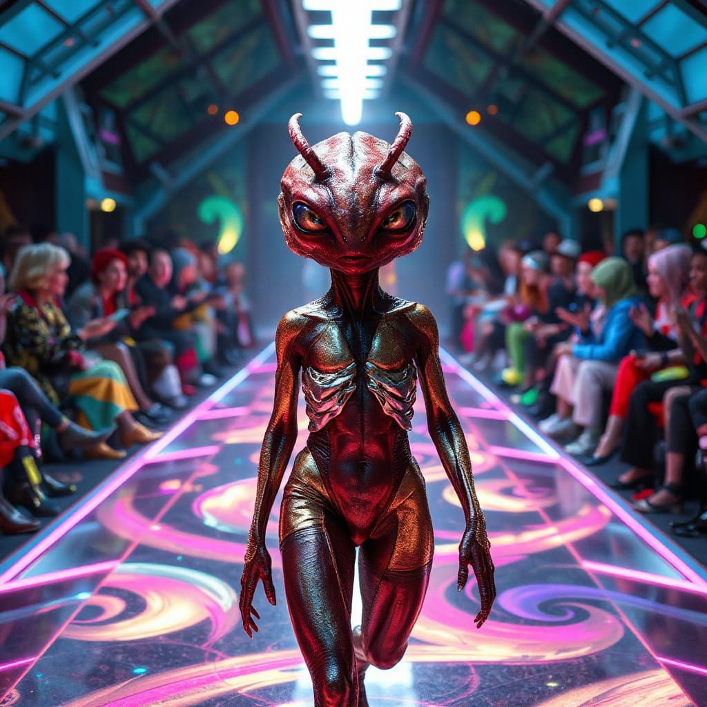 Alien Model Struts Down Futuristic Runway in Iridescent Styl...