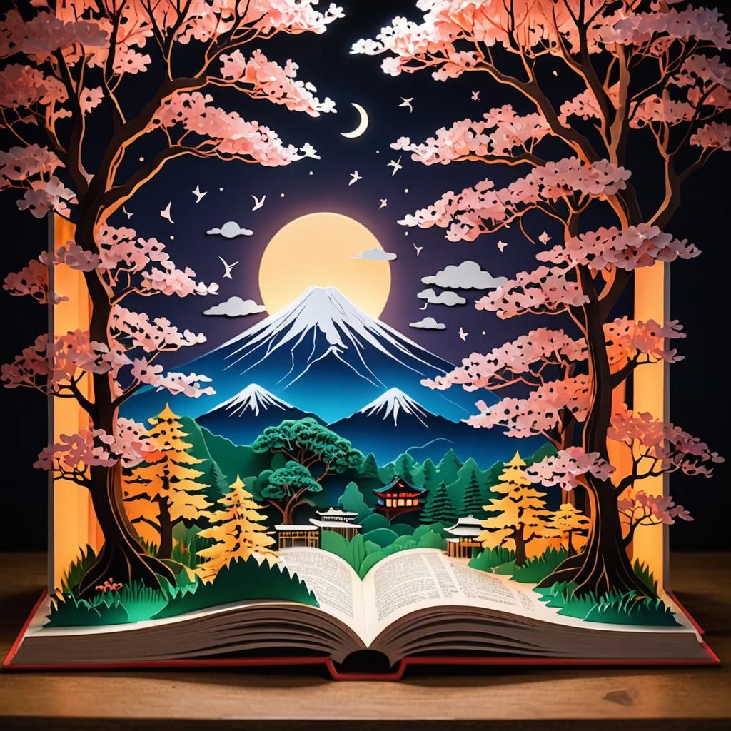 A super detailed multi-layered kirigami in an open book, mou...