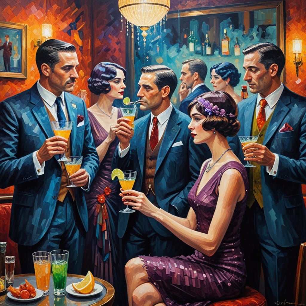 Roaring Twenties Scene: Flappers and Suits in Smoky Speakeas...