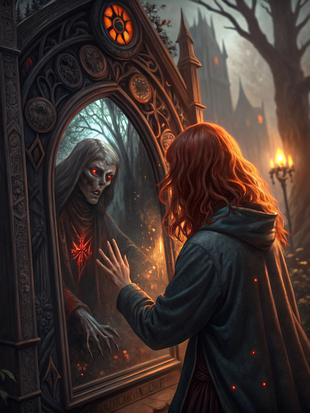 Gothic Mirror Reflects a Dark Fantasy Demon