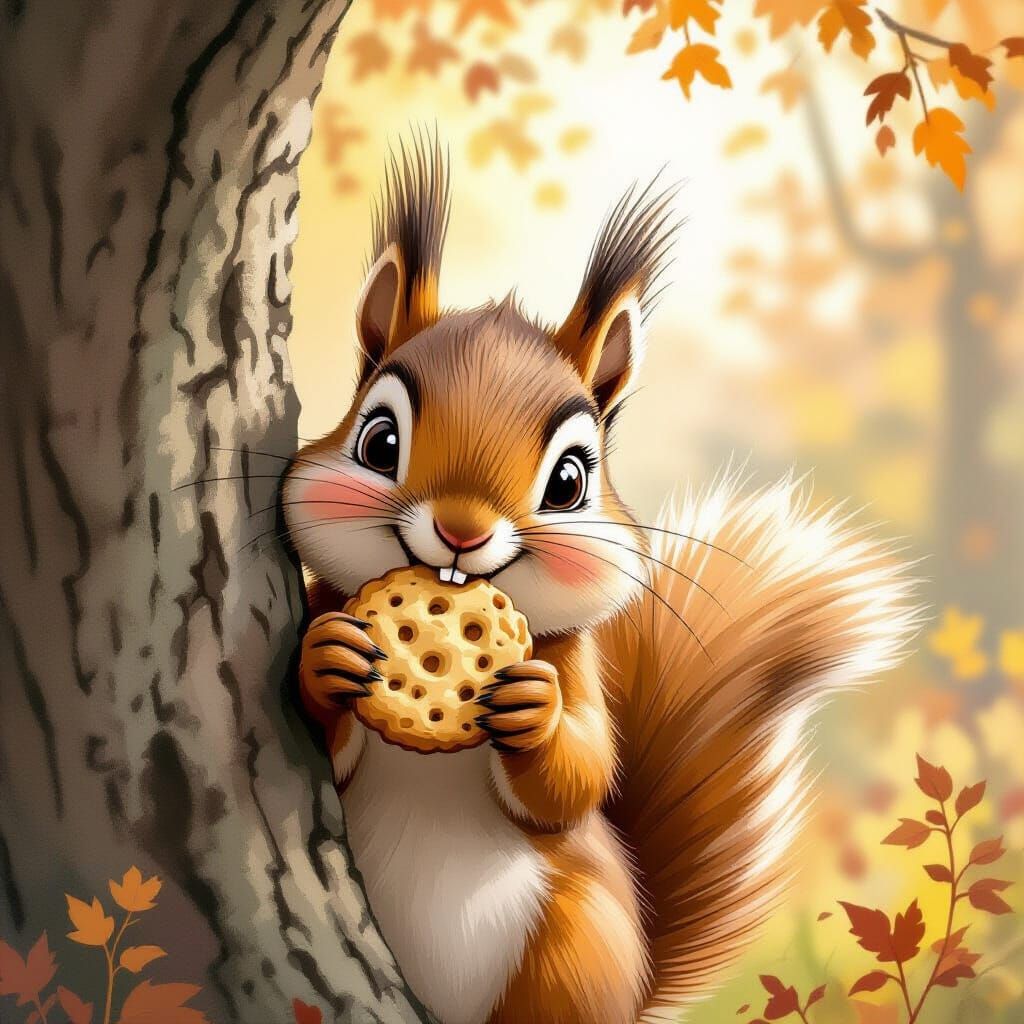 Squirrel with Cookie in Children's Book Illustration