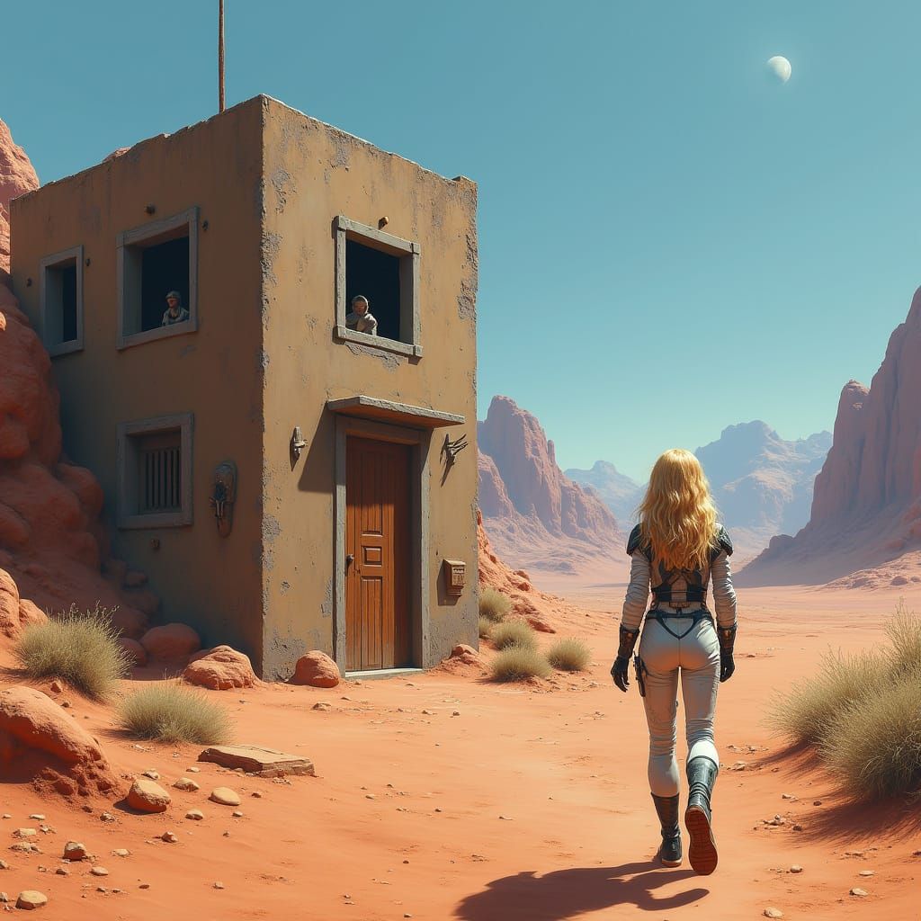 Astronaut Woman Approaches Gritty Martian Hotel