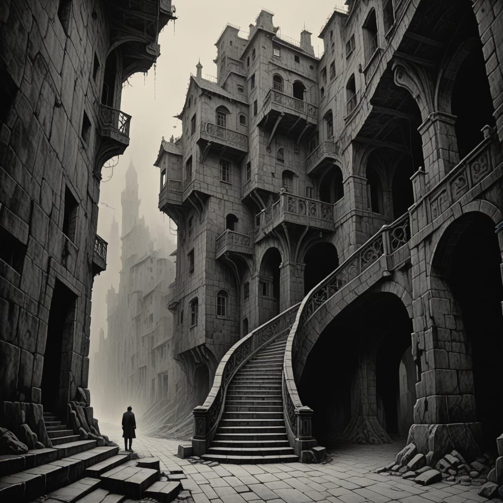 Mysterious Figure Ascends Endless Staircase in a Haunting Bl...