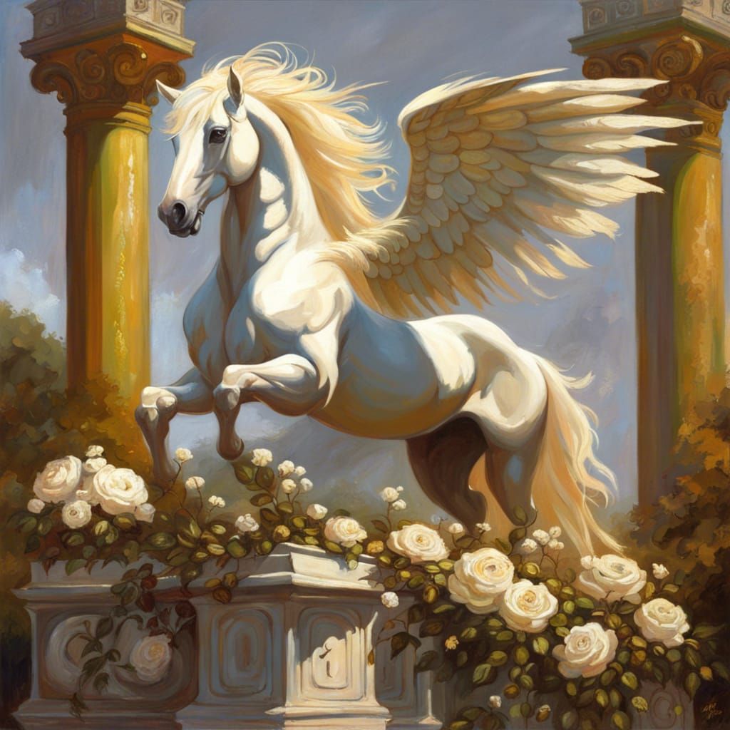 Gothic Pegasus in Sunlight with Roses