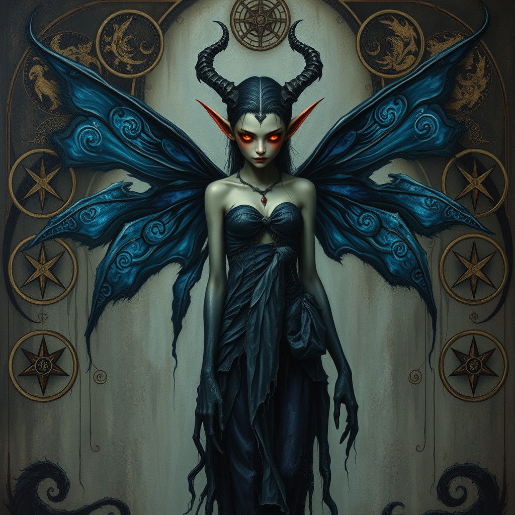 Dark Fairy Elf with Indigo Wings as Impasto Painting