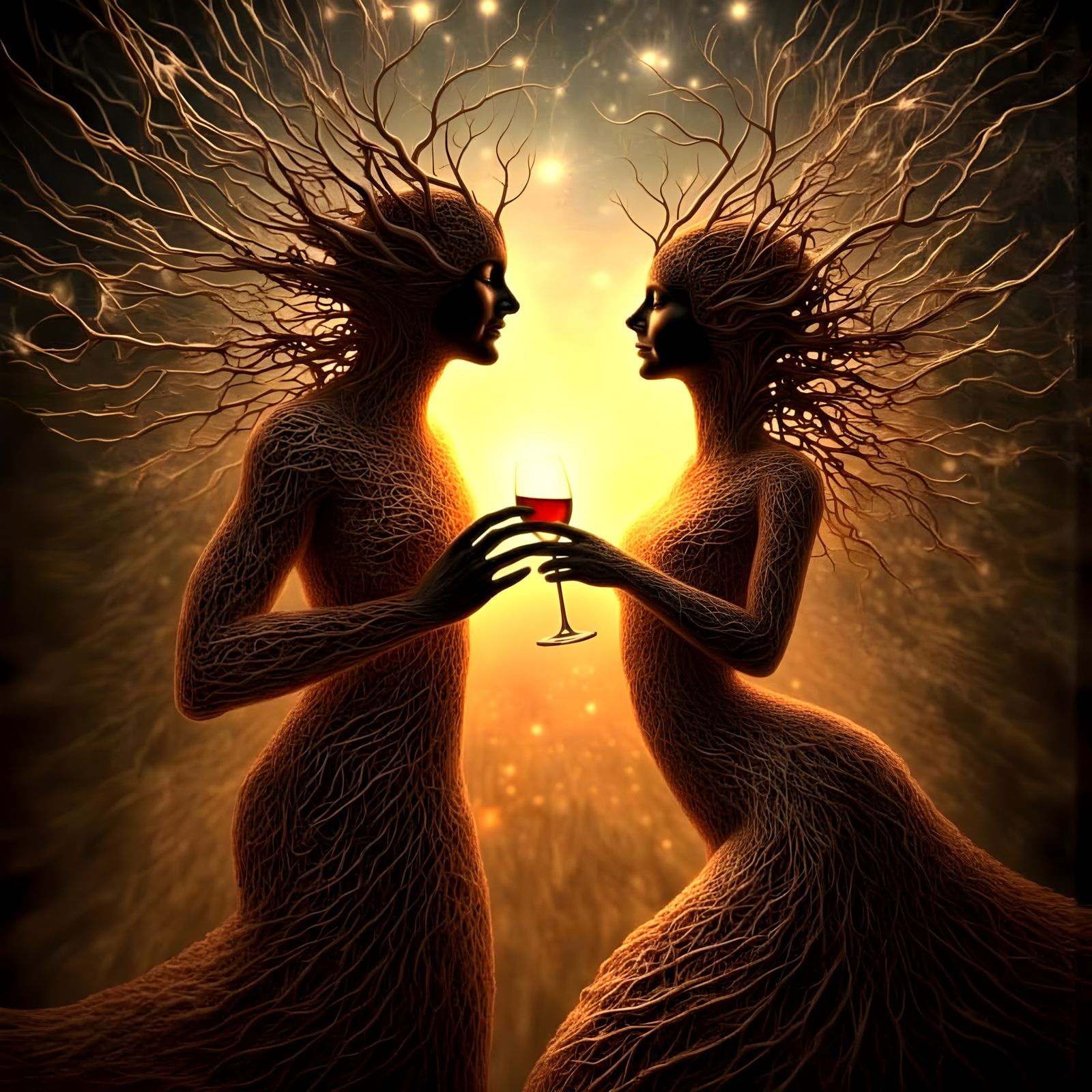 Entwined Tree-People Couple Dancing with Glowing Wine