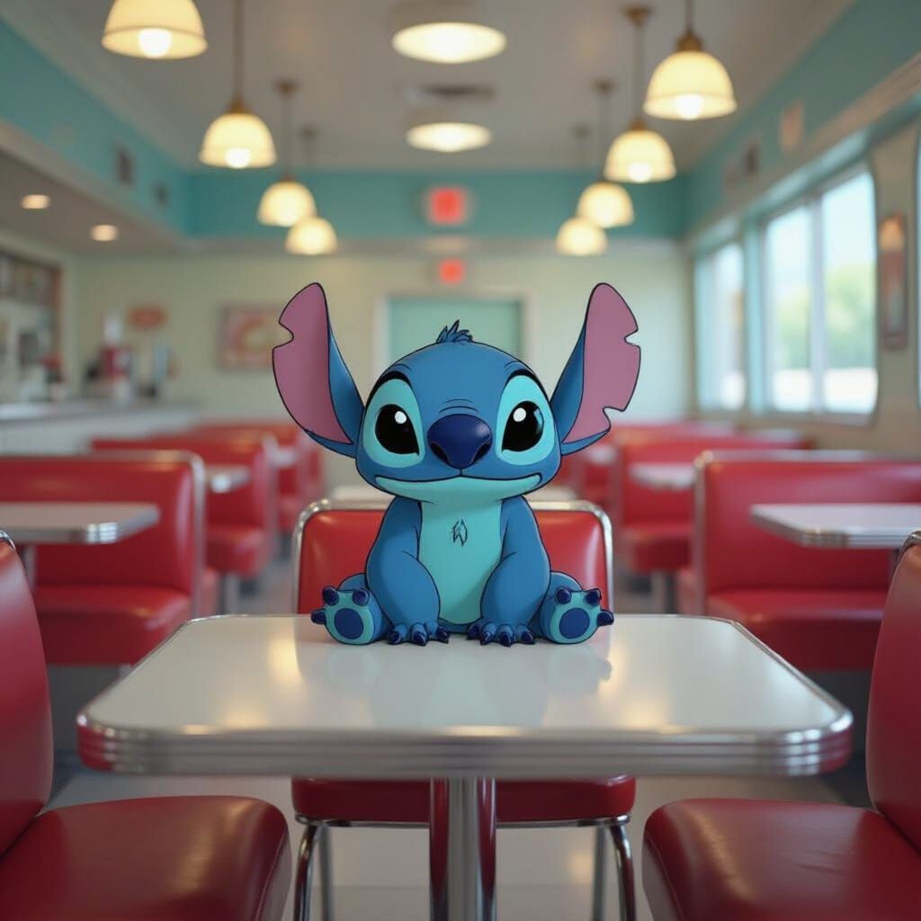 Stitch Alone in a Retro Cafeteria