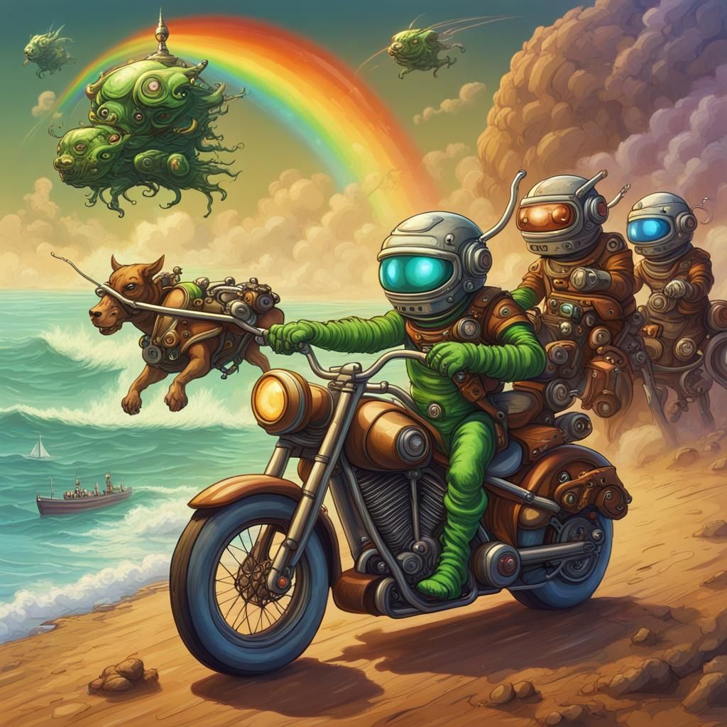 Martians on Motorcycle with Spaceship in Steampunk Style