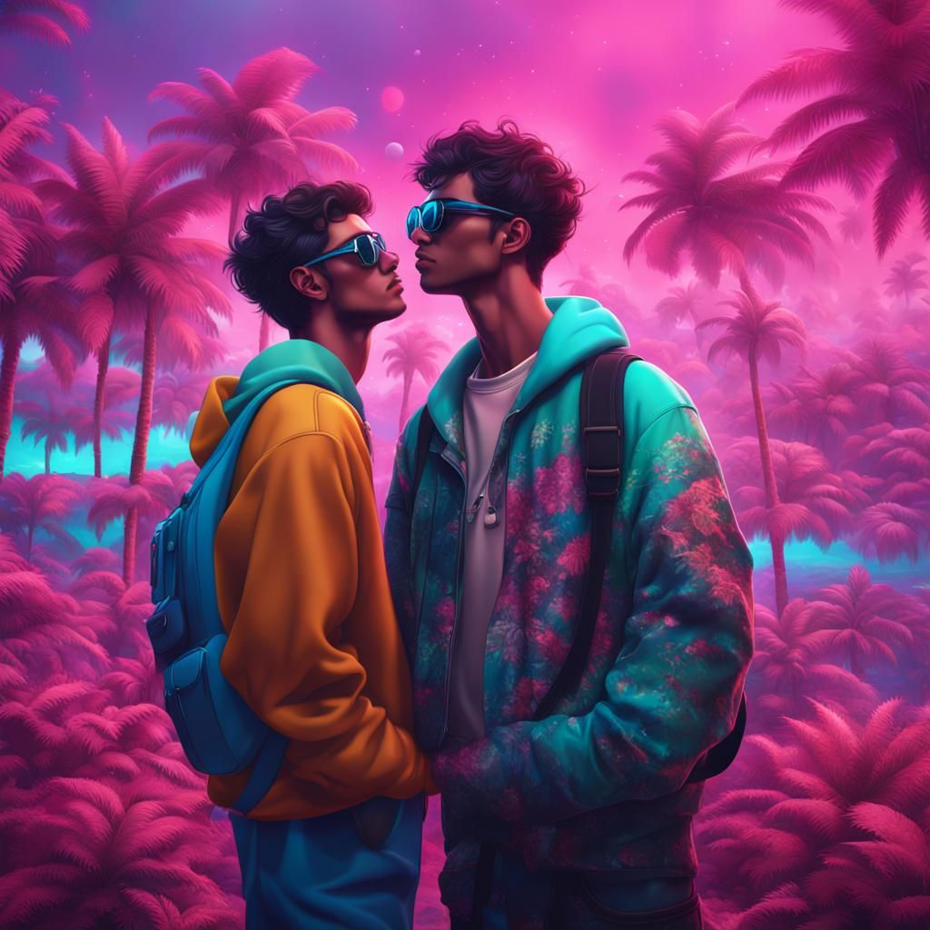 Handsome Men Kissing in Vaporwave Style