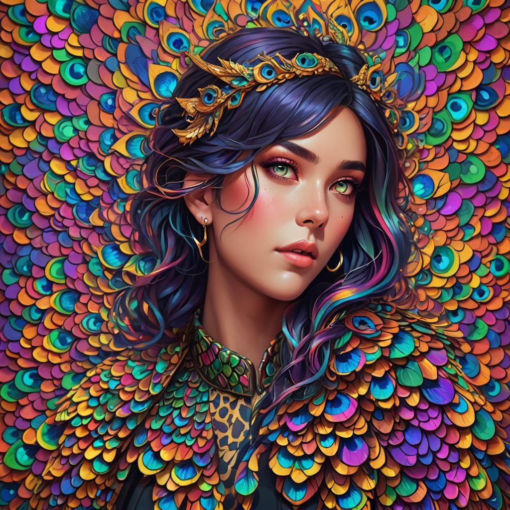 Colorful Dragon Woman with Peacock Hair, Digital Art