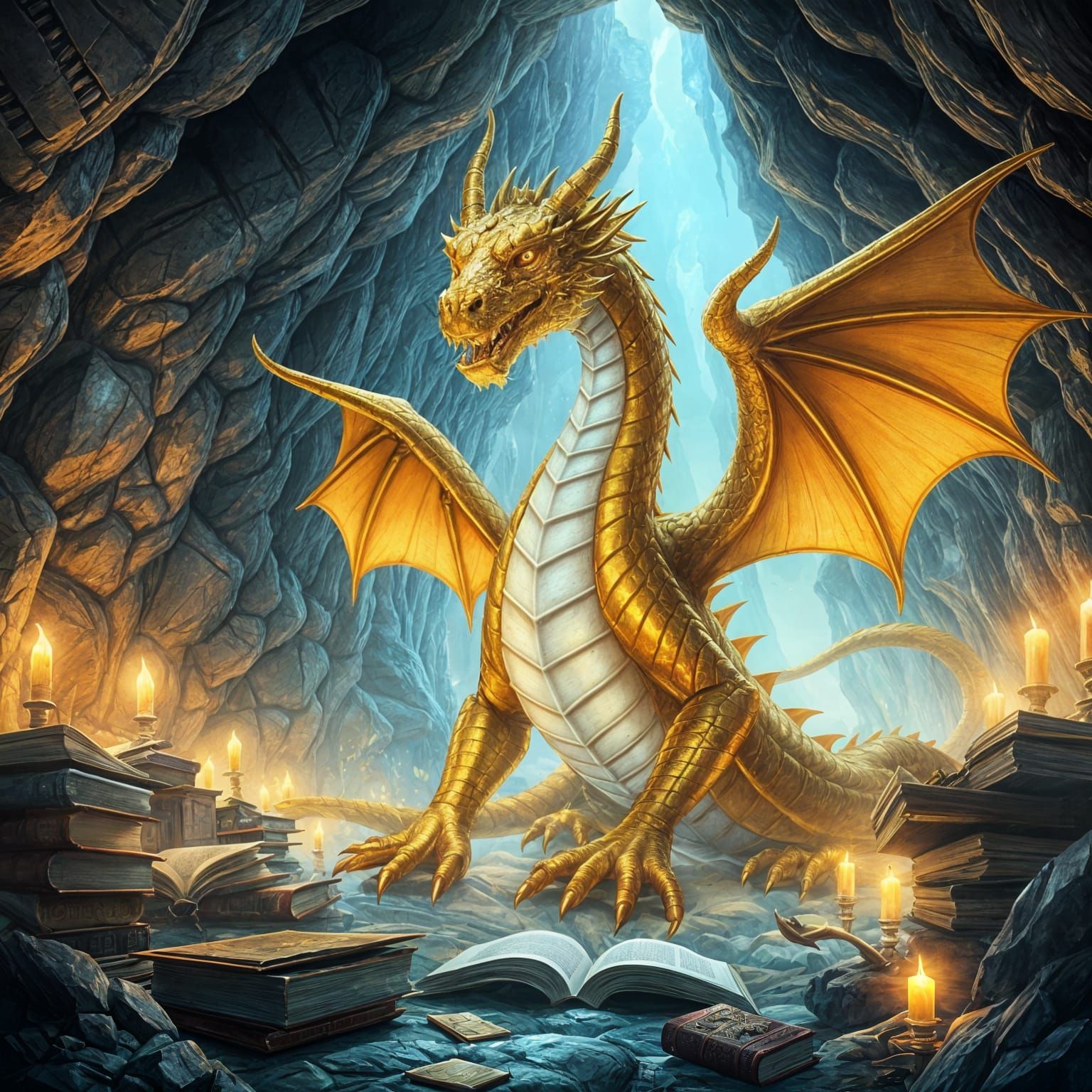 Majestic Golden Dragon in an Iridescent Cave of Knowledge