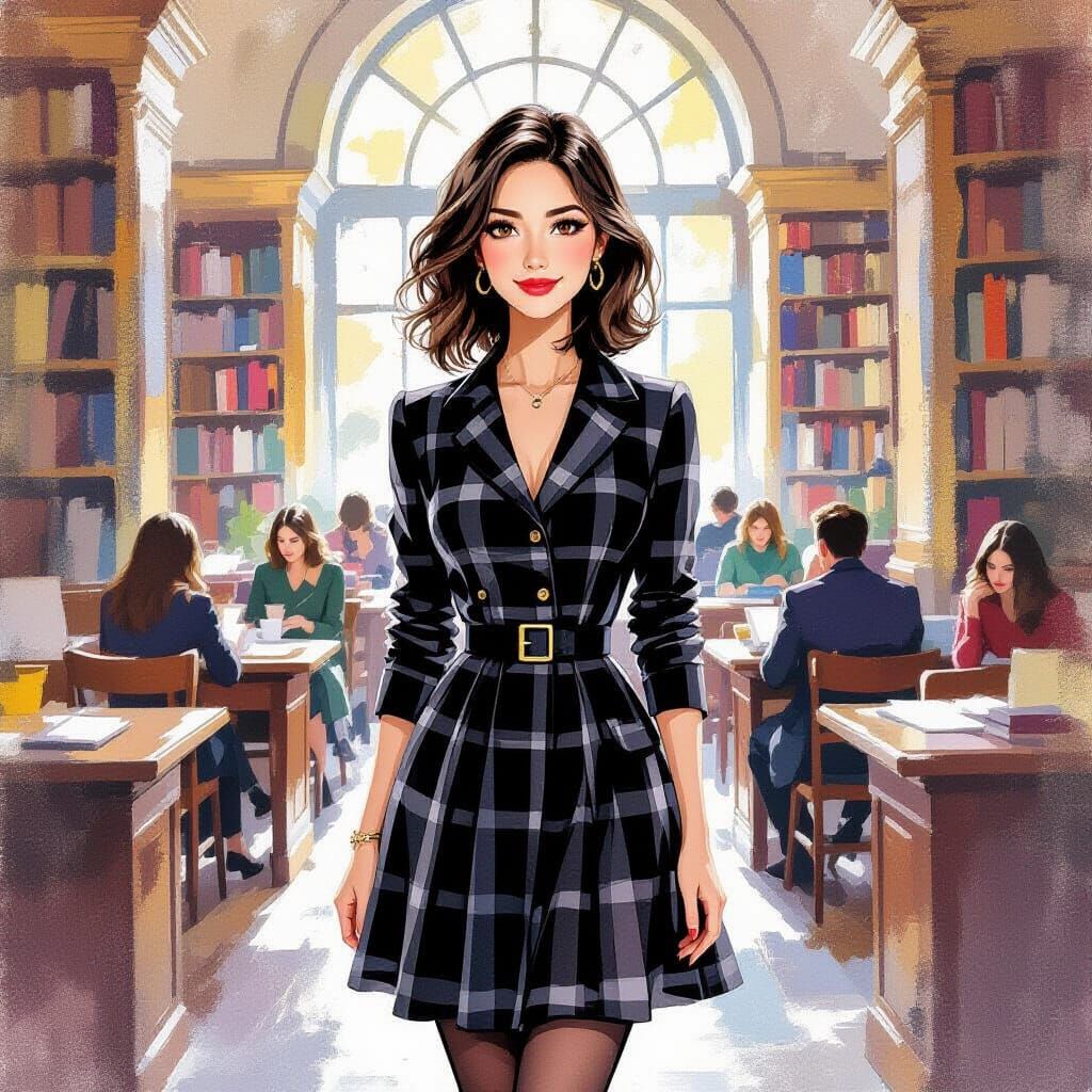 Woman Reading in Library, Watercolor and Oil Painting Style