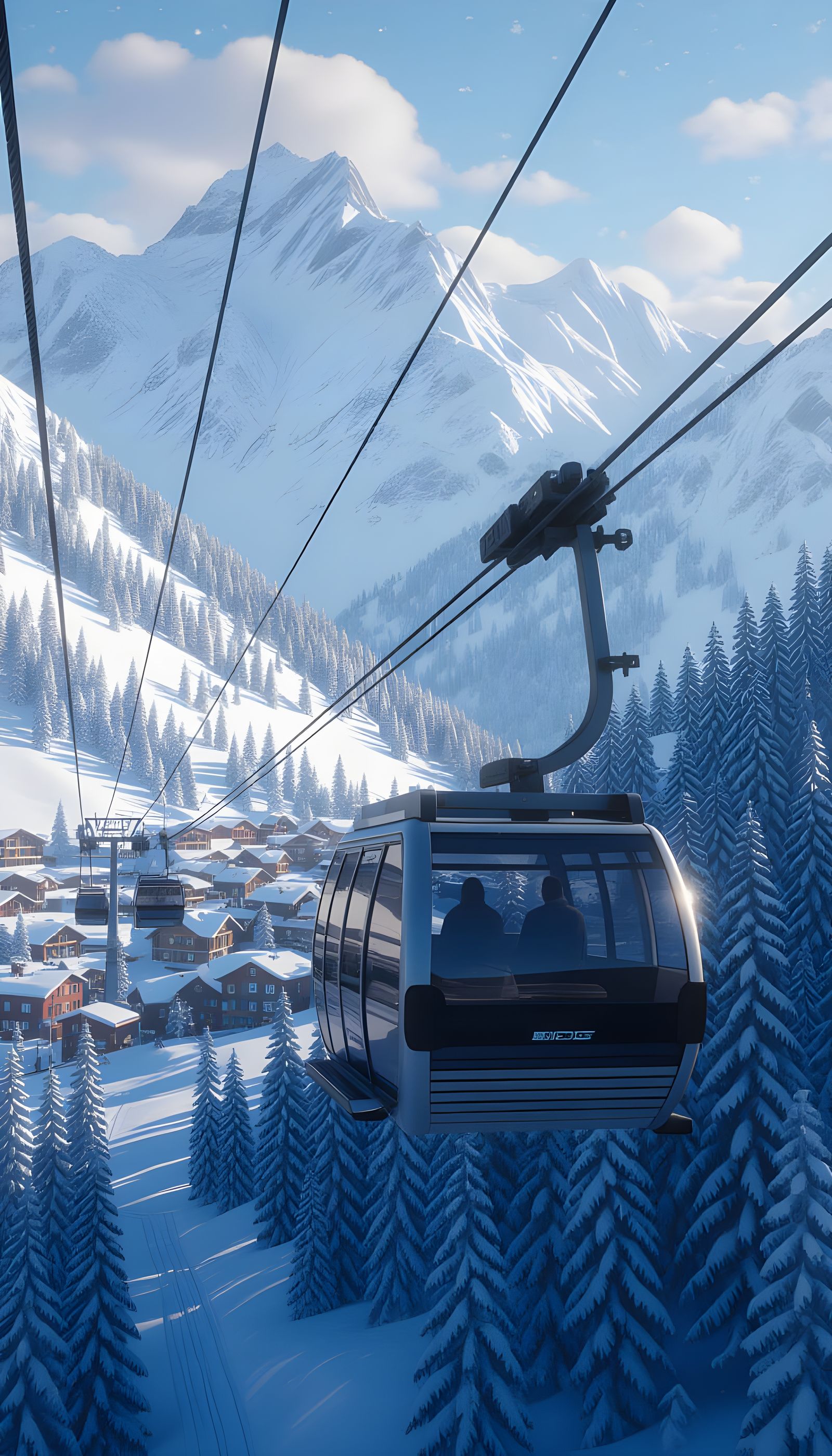 Futuristic Cable Car Over Snow Mountain Town