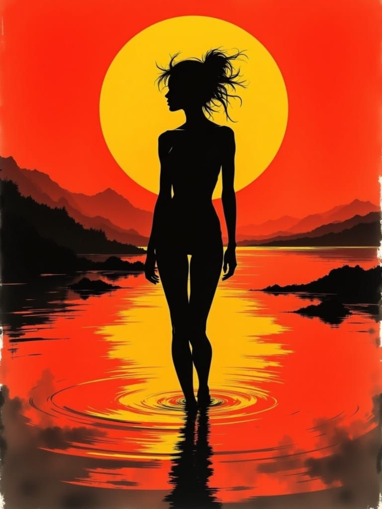 Surreal Sunset Goddess in Catsuit, Radiant Silhouette Agains...