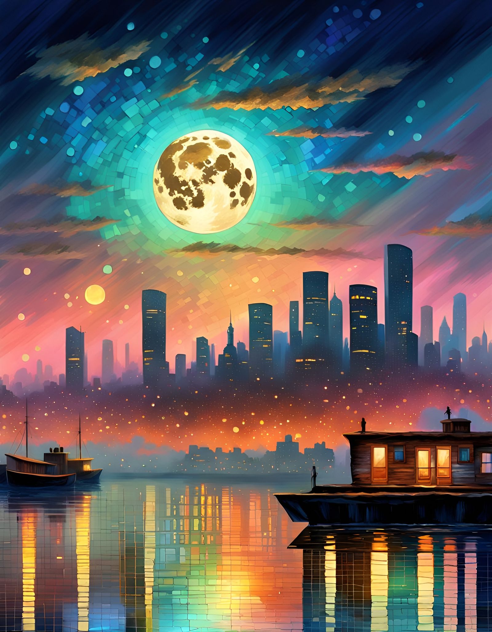 Futuristic Old West Cityscape at Night in Pointillism