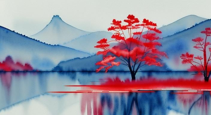 Watercolor Chinese Landscape with Trees and Lake