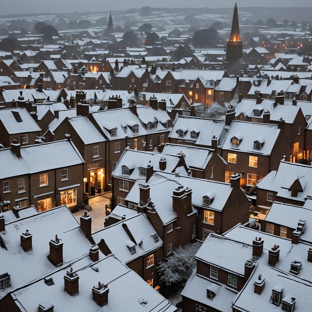 Snowy British High Street at Winter