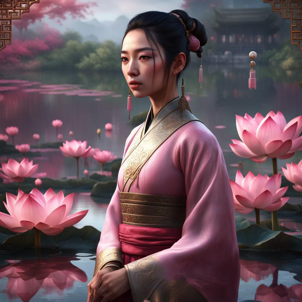 Chinese Girl Overlooking Lotus Pond: Fantasy Art