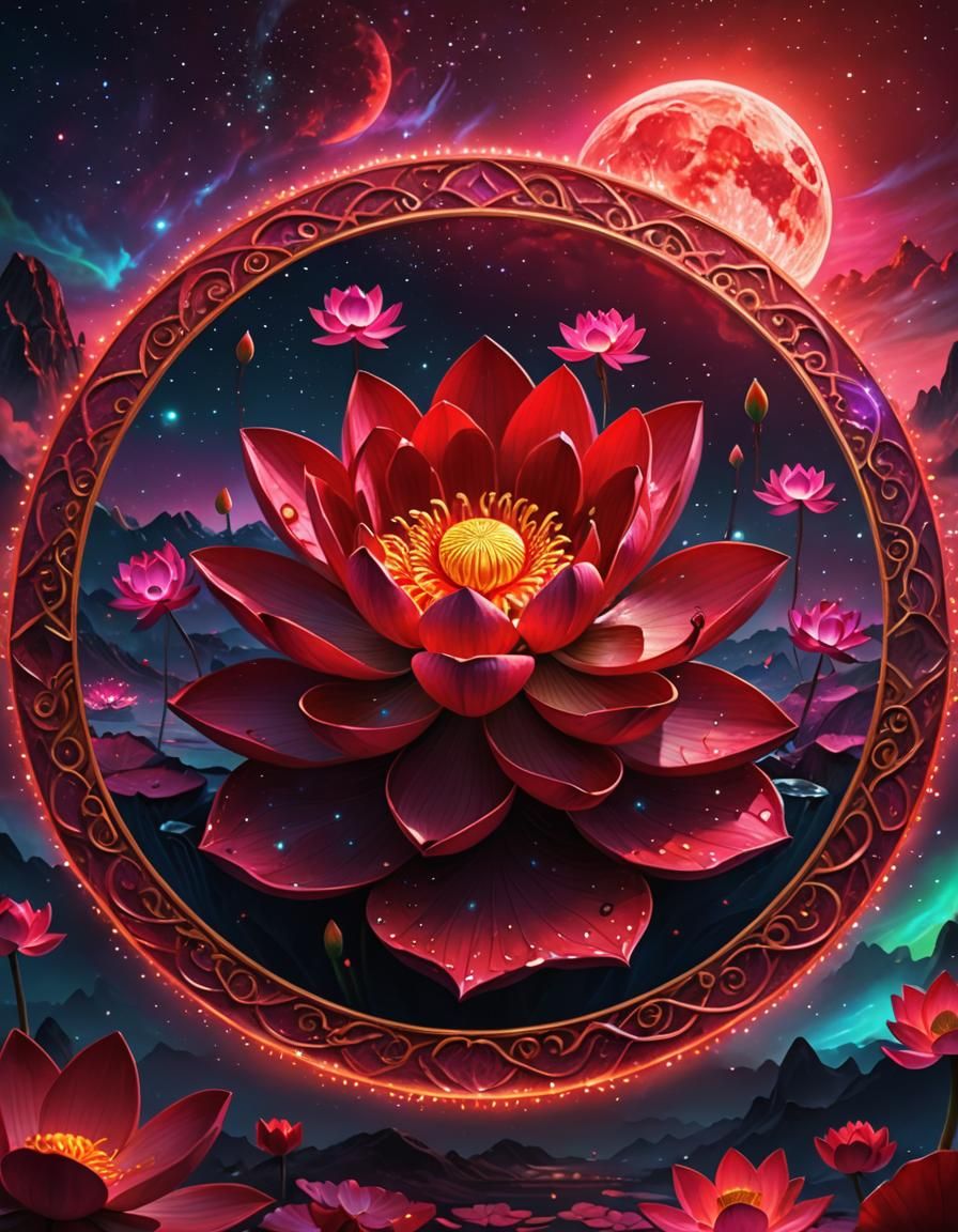 Vibrant Red Lotus Flower with Aurora Borealis