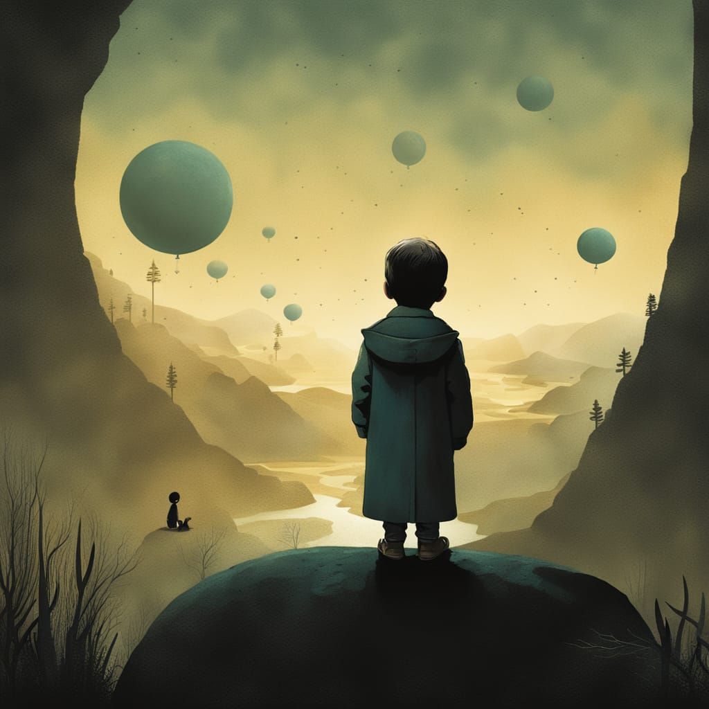 Mysterious Child Observes Cosmic Rebirth in Moody Illustrati...