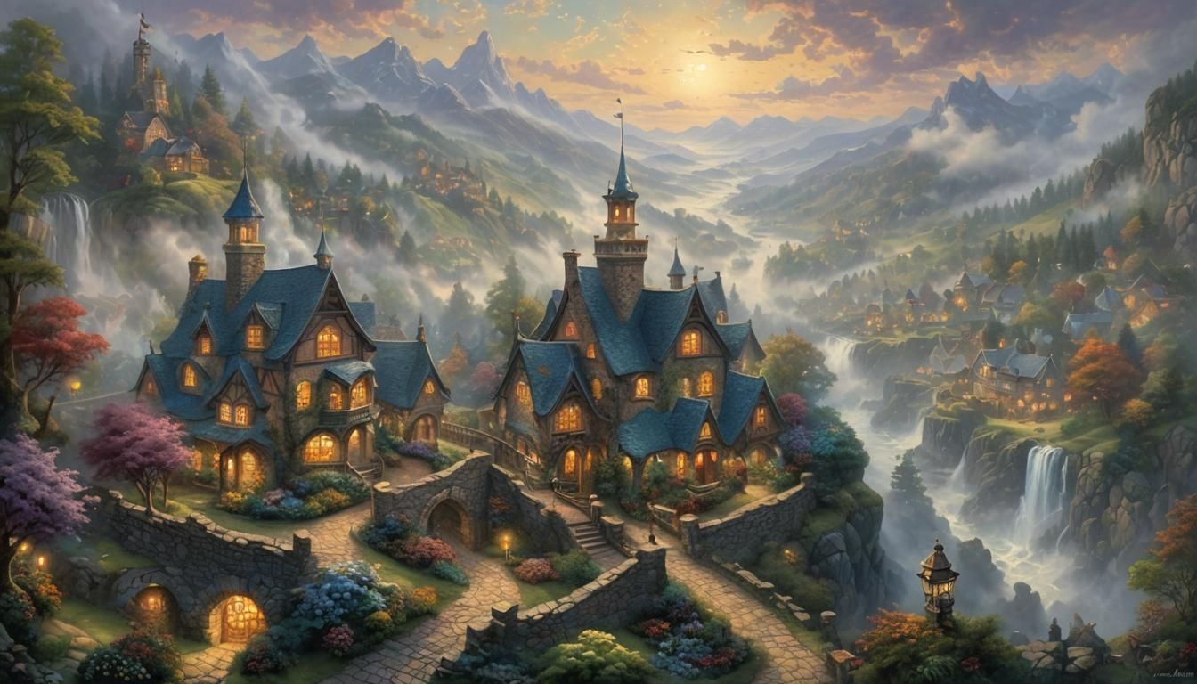 Ethereal Fantasy Scene with Mist in Kinkade Style
