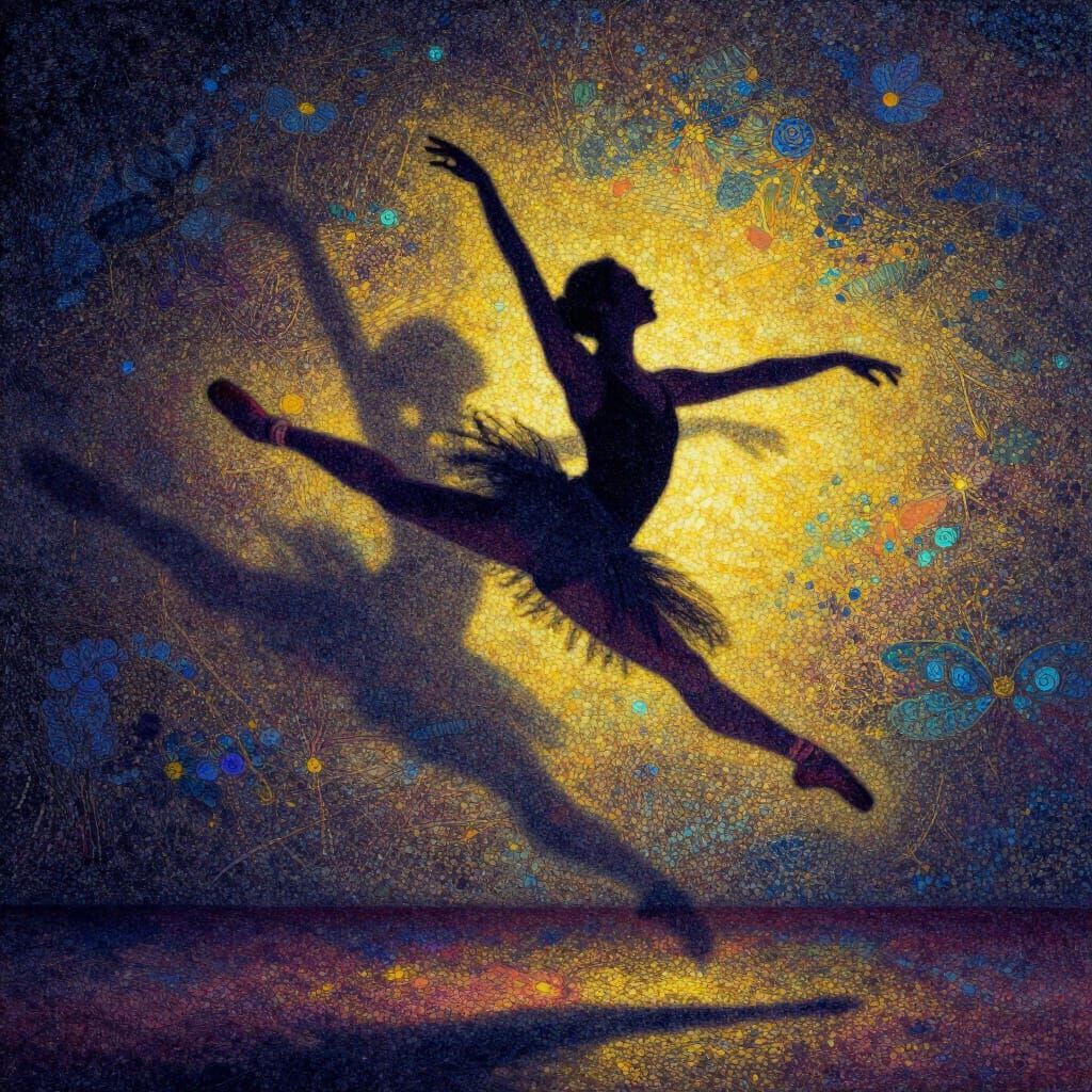 Pointillist Musical Glow surrounding a ballet dancer leaping through shadow.