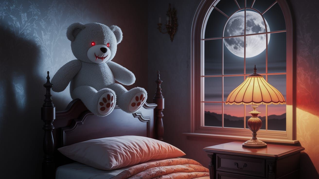 Teddy Bear with Red Eyes and Fangs on Bed