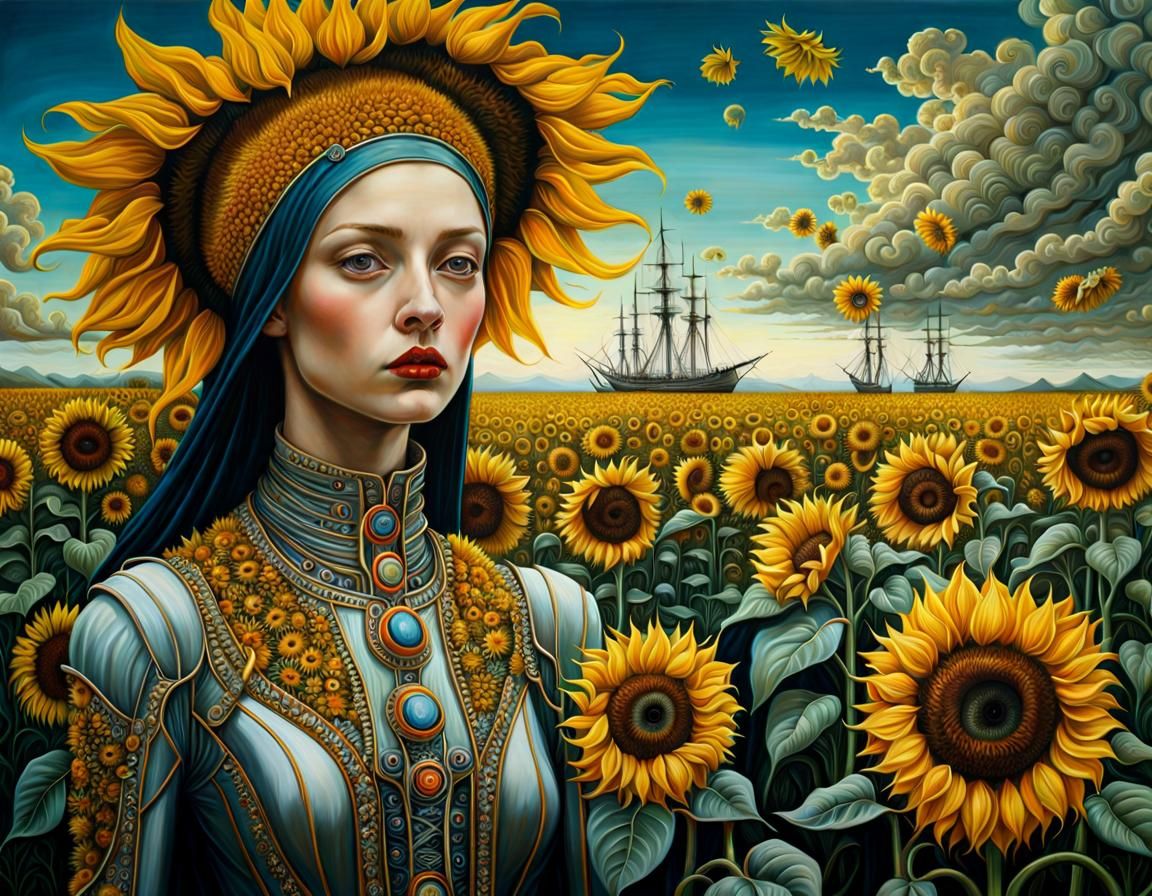 Surreal painting of a XVIIIth Century woman in a sunflowers ...