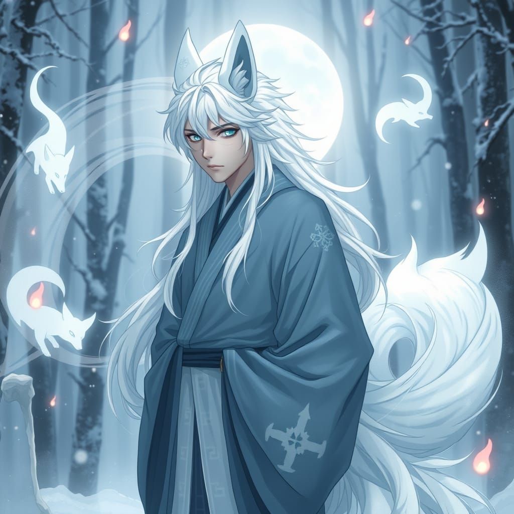 Mystical Fox Spirit Teenager in Winter Forest