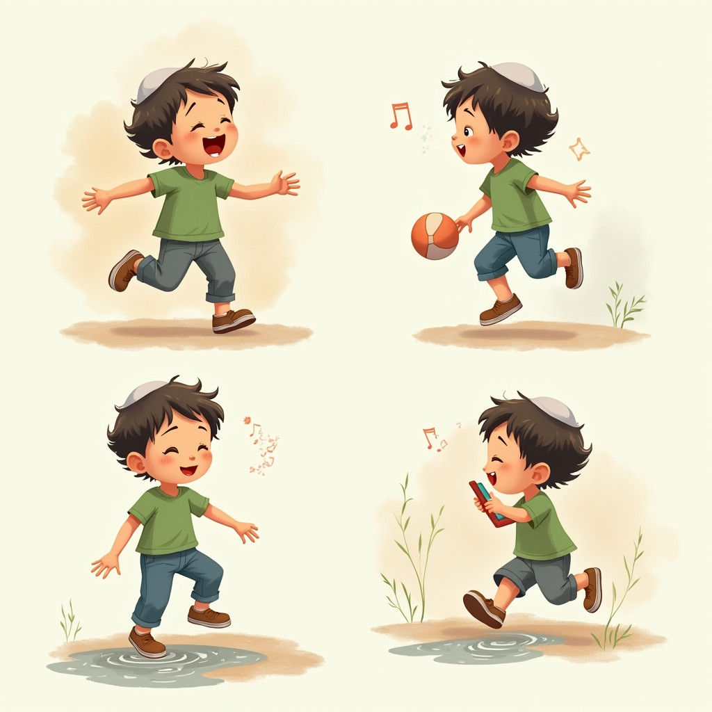 Boy's Activities in Four Watercolor Panels, Ghibli Style