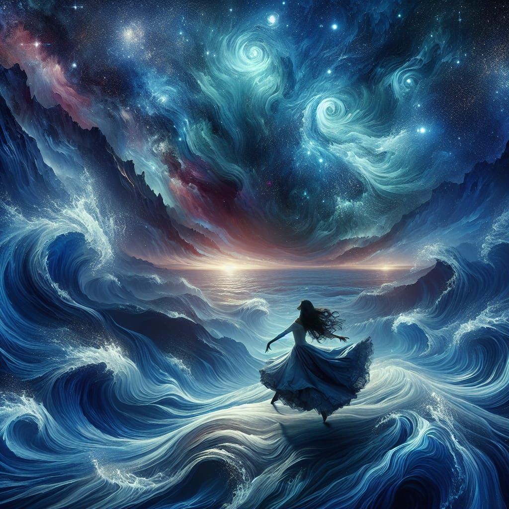 Woman dancing in dark blue waves under celestial sky