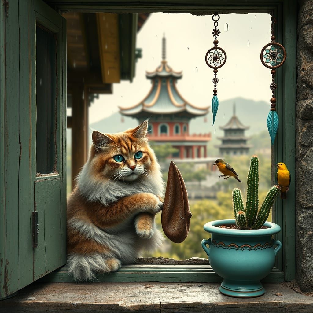 Cat and Dog in Ruined Pagoda Garden