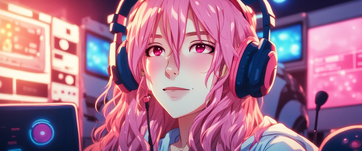 Anime Girl Gamer in Pink Headset