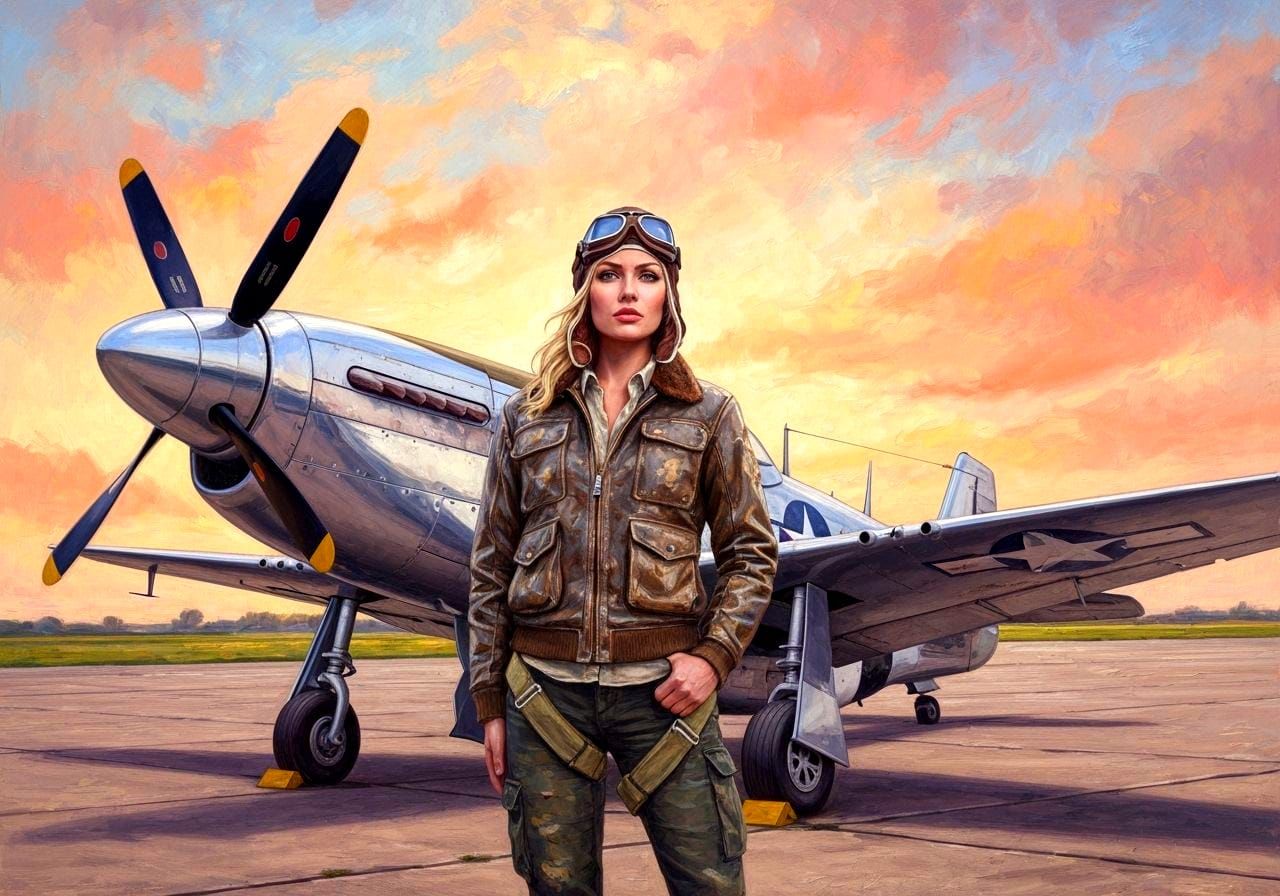 Blonde Aviator and P-51 Mustang at Sunrise