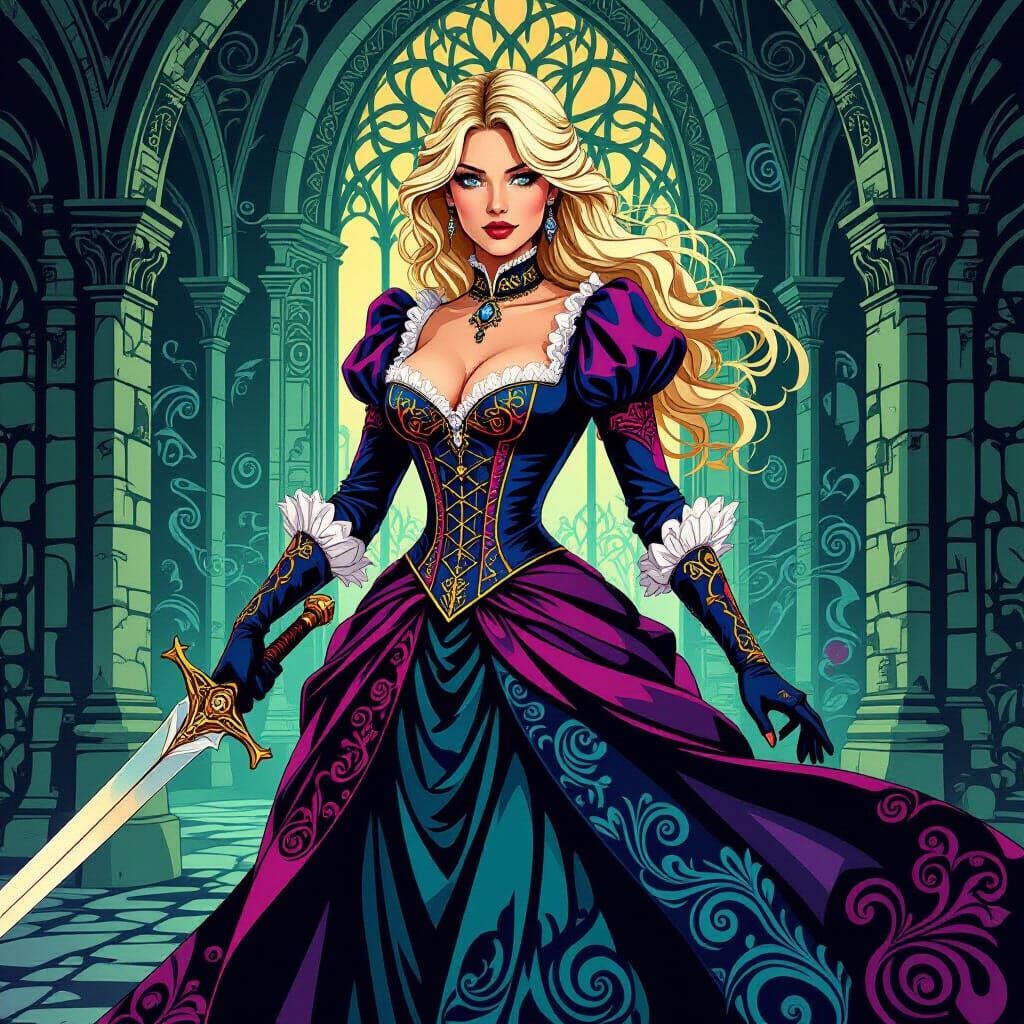 Blonde Woman with Sword in Abstract Vector Fractal Style