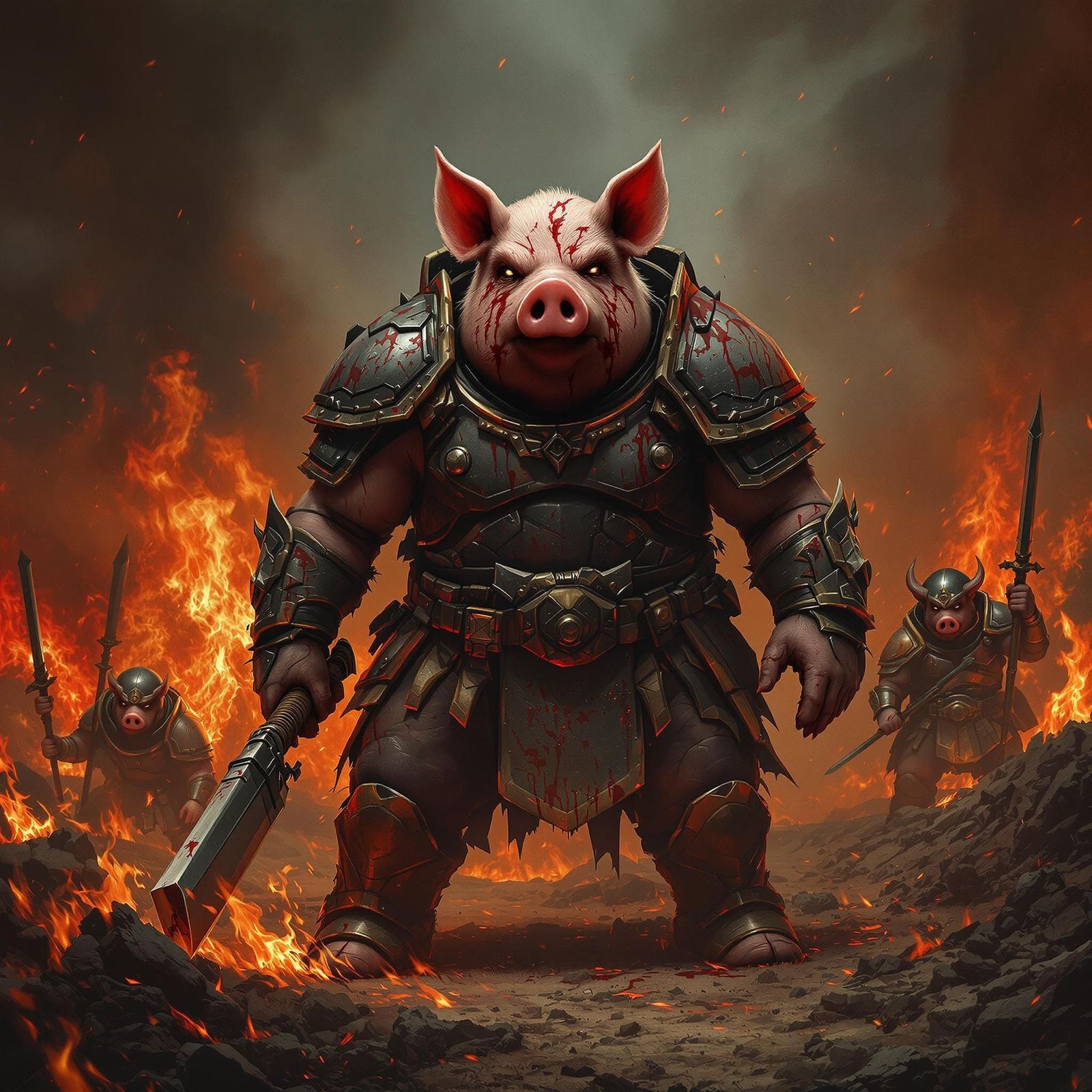 Battle-Armored Pig Leading Warriors in Apocalyptic Landscape