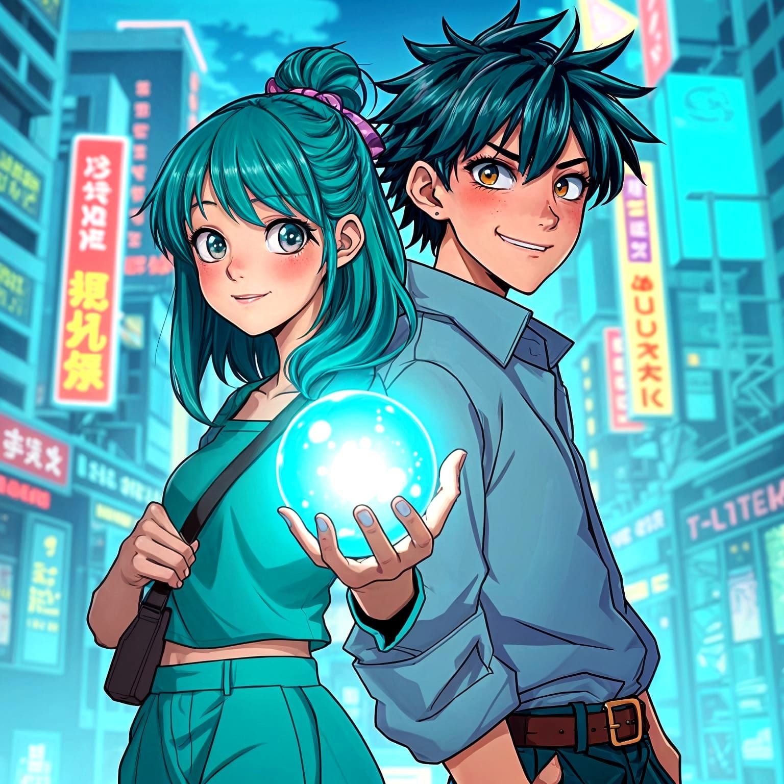 Turquoise Neon Cityscape Anime Art of Two Friends