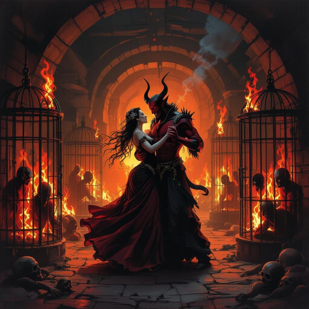 شیطان وهمسرش درحال رقص برای پختن انیانهای اسیردر قفس در زیرز...