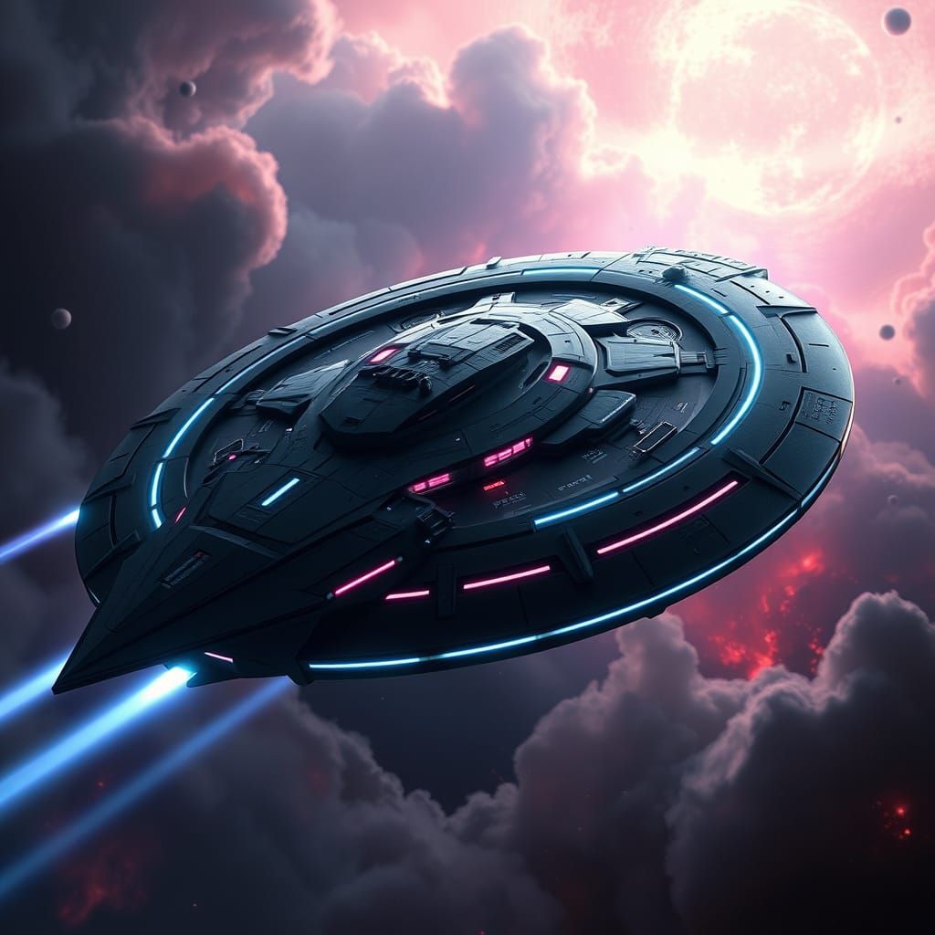 Cyberpunk Destroyer Ship Slicing Through Nebula