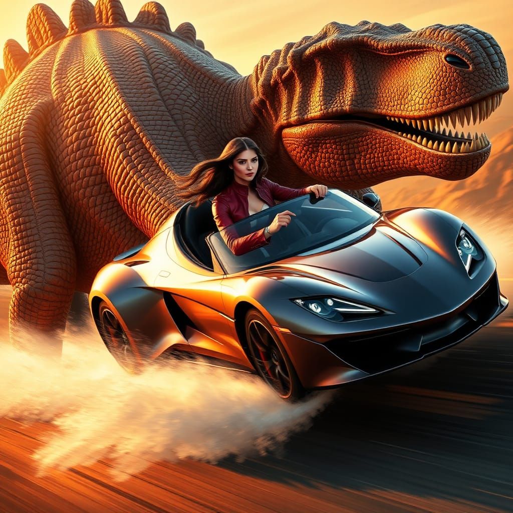 Supercar Ride on Dinosaur Back in Hyperrealistic Style