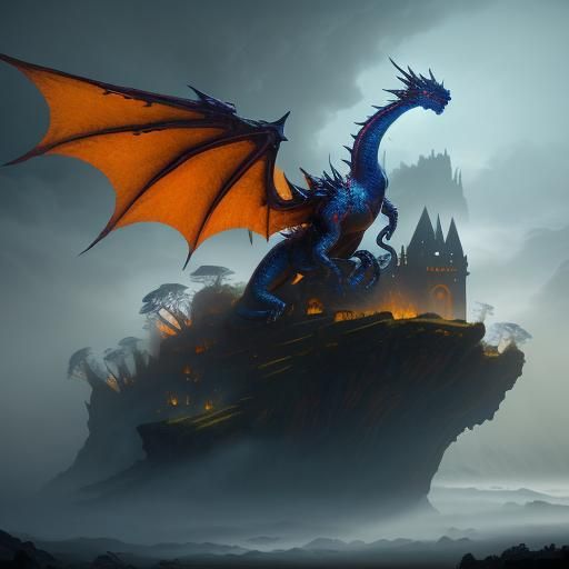 Mythical Dragon Dominates Ruined Castle in Vibrant Fantasy A...