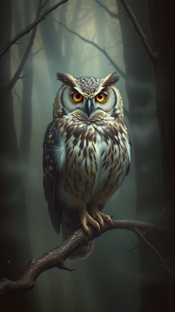 Wise Owl in Misty Forest: Classical Portrait