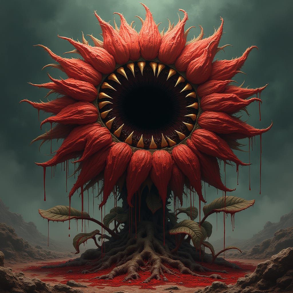 Grotesque Sunflower Monster in Dark Fantasy Art Style