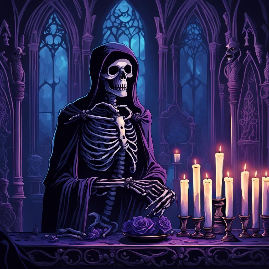 Gothic Skeleton Praying in Dark Church