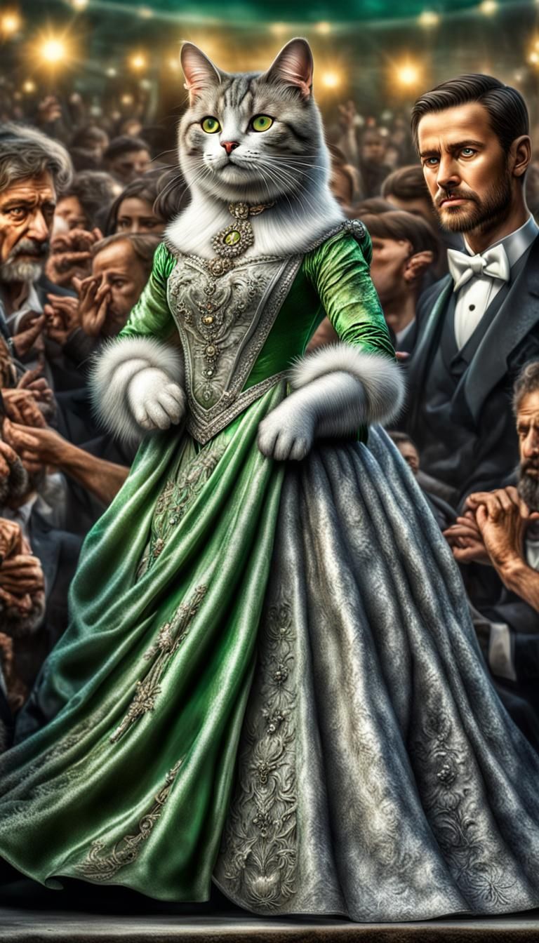 Cat Opera Singer in Silver Dress, Hyperrealistic Image