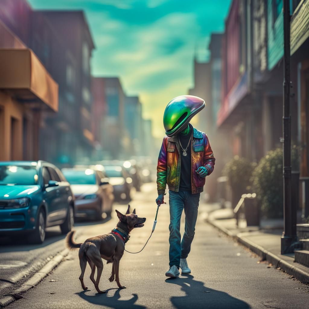 Hyperrealistic Alien Walks Dog, Smoking
