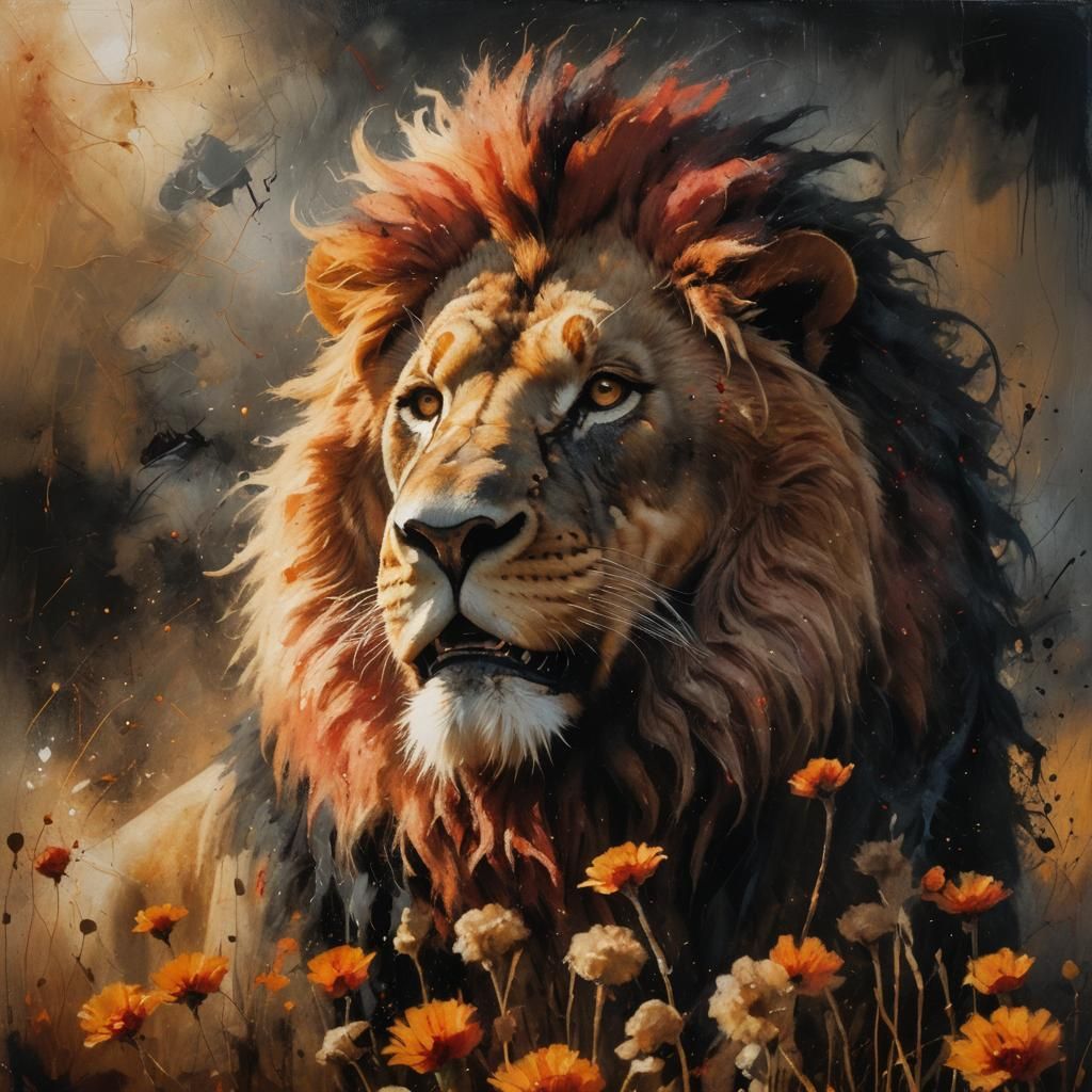 Close up portrait lion roaring an abstract silhouetted figur...