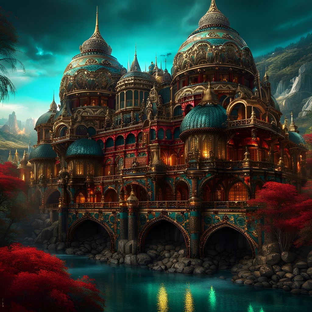 Majestic Jewel-Encrusted Palace on Dark River