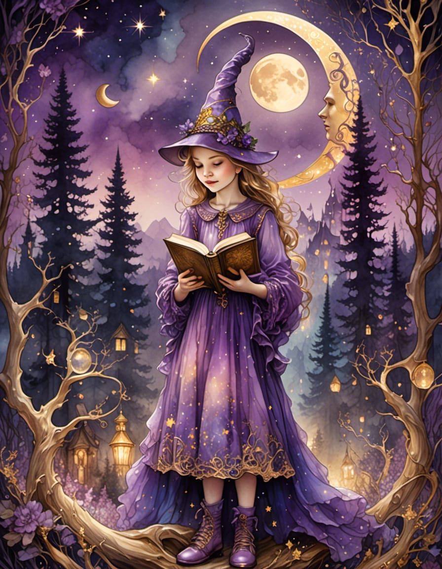 Girl in Nightgown with Fairytale Forest, Ink Art