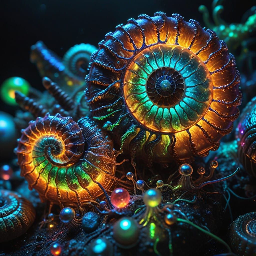 Glowing Ammonite Amoebas in Neon Netting, Macro-Photography ...